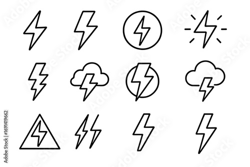 Lightning bolt icon set. Thin line vector symbols of thunder, flash, and storm. Energy and power concept. Electrical voltage, danger and shock sign for web and apps. Editable stroke.