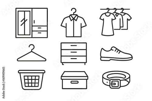 Closet organization and clothing storage line icon set. Vector wardrobe, furniture, and fashion outline icons. Editable stroke for UI, UX, web, and app design.