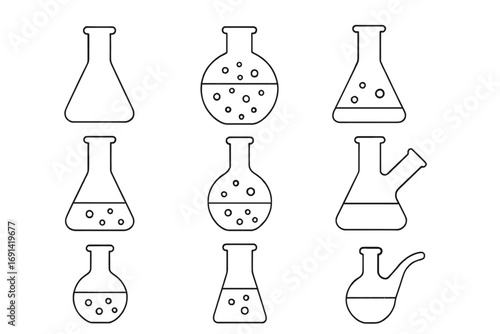 Laboratory flask and beaker thin line icon set. Science, chemistry, and biology research glassware. Chemical lab equipment for experiment and analysis. Vector outline symbols.