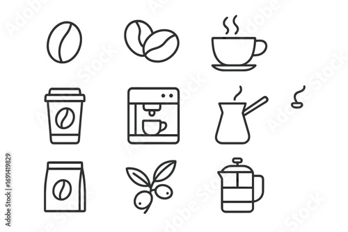 Coffee line icon set. Editable stroke. Minimal pictogram collection. Coffee bean, espresso machine, french press, cup, pot. Cafe menu, barista, drink, beverage symbol.