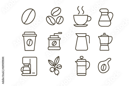 Coffee line icon set. Minimalist outline pictogram collection for cafe menu. Vector symbols of brewing methods, bean, cup, grinder, pot, french press, maker. Editable stroke.