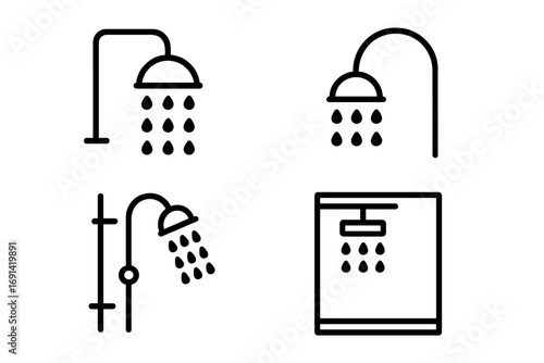 Shower icon set. Collection of bathroom and hygiene related outline symbols. Simple line art pictogram for web design, mobile app, UI UX, and infographics. Vector illustration.