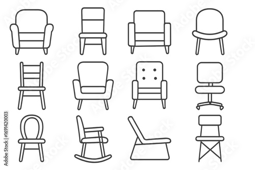 Chair furniture line icon set. Interior design symbols. Armchair, rocking, dining, and office seat. Home decor outline pictogram collection for web and app. Editable stroke vector.