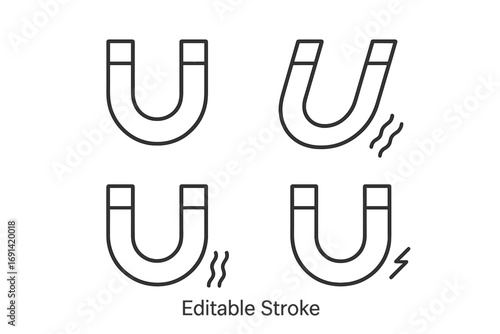 Magnet line icon set. Horseshoe magnet outline pictogram collection. Concept of attraction, power, magnetic field. Metaphor for lead generation. Editable stroke vector symbol.