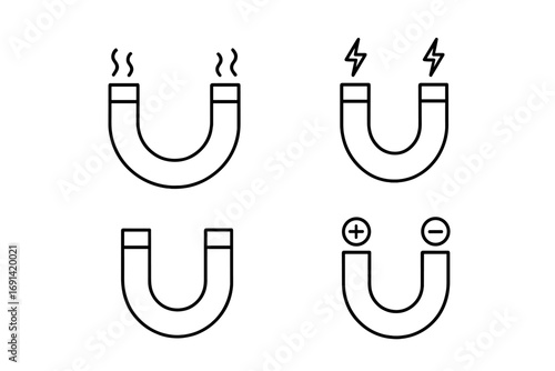 Magnetism web line icons collection. Horseshoe magnet with editable stroke. Physics science symbol for attraction, magnetic field, positive and negative pole. Vector illustration.