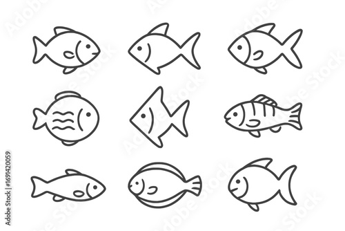 Fish thin line icon set. Outline signs for graphic and web design, apps, adverts. Simple aquatic symbols collection. Marine life pictograms. Vector illustration for seafood menu.