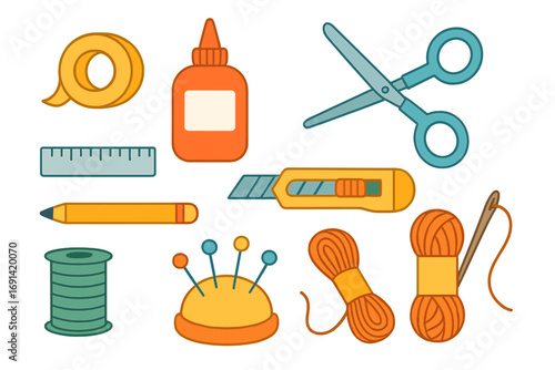 Crafting essentials set for DIY projects. Flat vector cartoon illustration of handmade tools. Includes scissors, glue, tape, ruler, cutter, thread, yarn, and needle for sewing.