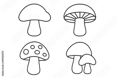 Mushroom icon set. Fungus collection of thin line icons with editable stroke. Vector cartoon illustration for web design, apps, books. Fungi, champignon, amanita icons.