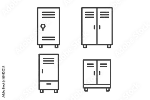 Locker icon set simple line art collection. School, gym, or office storage furniture. Vector cabinet pictogram for web design. Safe deposit box, security, personal property.