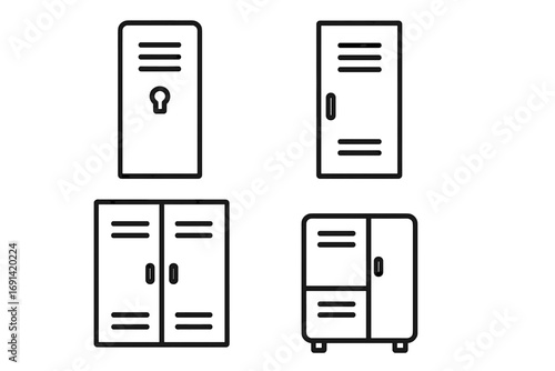 Locker simple line icons collection. Editable stroke vector icon set for school, gym, or office storage. Minimalist design for graphics, apps, and web. Safe, security concept.