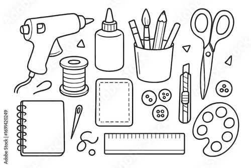 DIY crafts line art tools and supplies set. Monochrome collection for creative handmade projects, hobby, and art. Vector illustration with glue gun, scissors, palette.