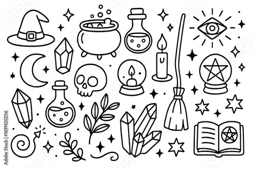 Witchcraft magic doodle icon set. Hand drawn mystical symbols collection. Esoteric, occult objects for Halloween. Witch hat, cauldron, potion, crystal, skull, spell book, broom.