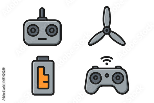 Drone accessory icons set including remote, propeller, battery, controller. Vector cartoon illustration of quadcopter parts. UAV flight equipment symbols for web or mobile app.