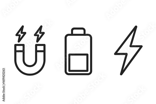 Energy and electricity modern outline icon set. Simple vector symbols of a magnet, battery, and lightning bolt for concepts of power, charge, voltage, magnetism, attraction.