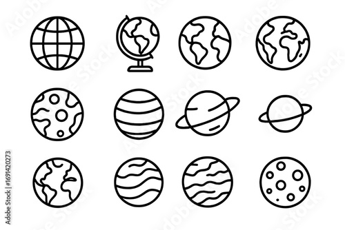 Planet and globe line icon collection. World, earth, solar system symbols. Outline signs for web and graphic design, apps, adverts. Astronomy and space vector illustration.