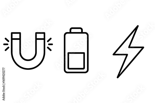 Energy and power icon set with magnet, battery, and lightning bolt symbols. Modern outline style vector graphic for web design, apps, and UI. Simple line art illustration.