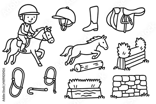 Equestrian cross country icon set. Horse riding doodles with rider, equipment, and obstacles. Vector cartoon illustration for eventing sport. Black and white line art collection.
