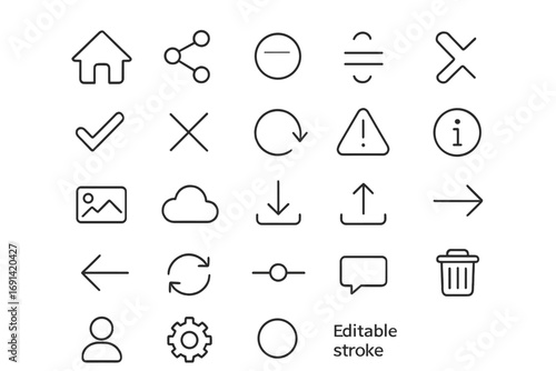 Universal interface line icon bundle. Editable stroke minimalist pictograms. Essential UI UX symbols for web, mobile app, website design. Navigation and action buttons.