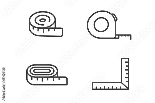 Measuring tape outline icon set. Simple linear vector collection with editable stroke. Includes tailor's tape, retractable ruler, and construction L-square for measurement.