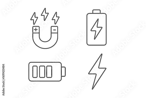Magnet, battery, lightning line icon set. Power and energy outline signs. Vector illustration for electricity, charge, accumulator, and magnetic field concepts. Simple symbols.