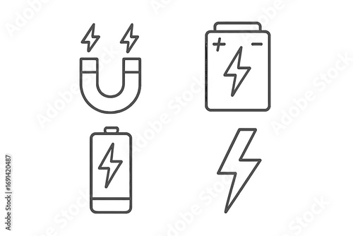 Energy and power line icon set. Electricity, magnet, battery, charge vector symbols. Thin outline lightning bolt, accumulator, voltage signs for web, app, ui, ux design.