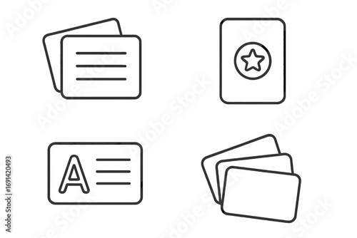 Flashcard icon set for education and learning. Memory cards for studying, language, and knowledge. Thin line vector icons with editable stroke for web and mobile apps.