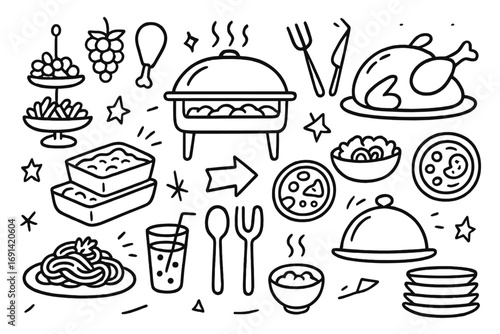 All you can eat buffet elements doodle icon set. Hand drawn line art food for restaurant menu design. Vector cartoon illustration of chicken, pasta, salad, catering, brunch.