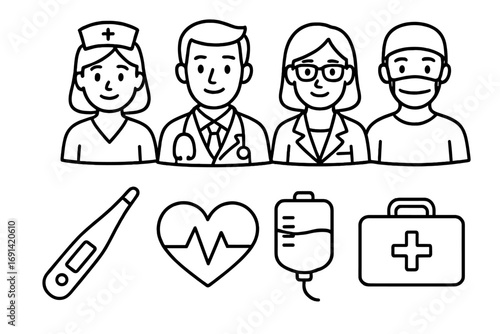 Medical team and healthcare equipment line icon set. Vector cartoon characters of a doctor, nurse, and surgeon staff. Outline illustrations for hospital and clinical design.