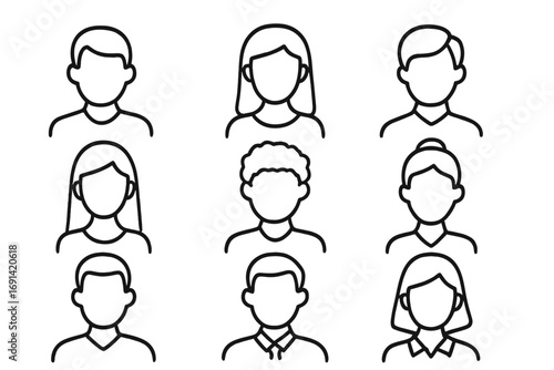 Faceless person profile line icon bundle. Editable stroke. Minimal pictogram design. Anonymous user avatar set. Vector head silhouette group. For web, app, ui, ux design.