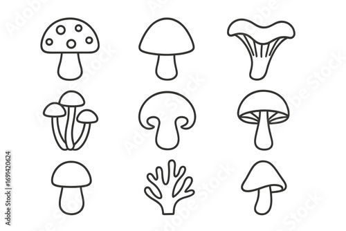 Mushroom line icon set. Fungi collection. Minimal outline symbols for food, nature. Vector amanita, chanterelle, porcini pictogram for web design, apps, and logo.