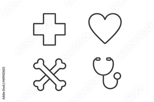 Health care line icon set with medical cross for first aid, heart for cardiology, crossed bones, and stethoscope. Simple vector pictograms for medicine and web design.