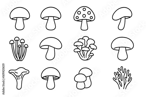 Mushroom line icon set. Fungi collection with various mushrooms. Outline symbols like champignon, amanita, chanterelle. Vector for web, mobile app, logo, and graphic design.