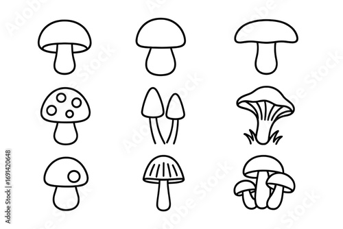 Mushroom line icon set. Fungi outline symbols. Simple toadstool, porcini, fly agaric vector icons for web, logo, or app design. Minimalist fungus pictogram collection.