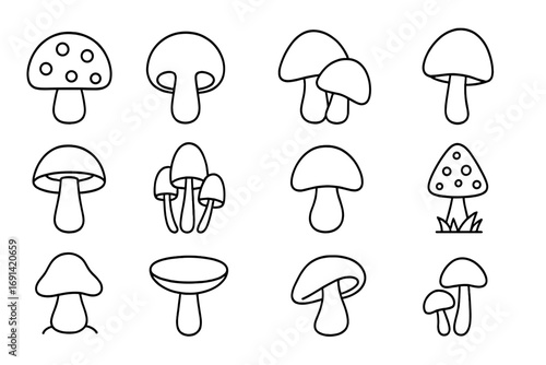 Mushroom line icon set. Fungi outline symbols collection. Simple fungus and toadstool pictograms for web design, apps. Vector champignon, amanita, porcini graphic elements.