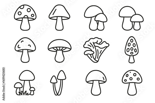 Mushroom line icon collection. Fungi outline symbol set for web and apps. Simple toadstool, champignon, morel, amanita vector logo. Cute forest food cartoon sketch.