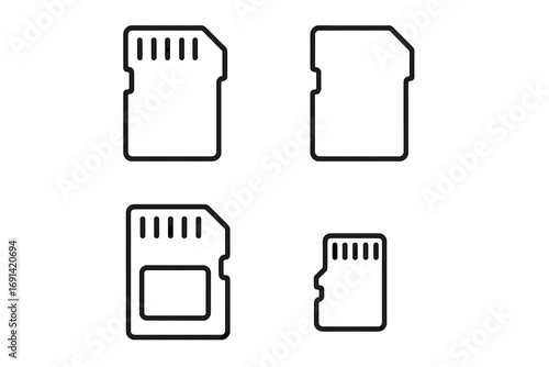 Memory card line icon set. SD and MicroSD card vector icons. Flash drive and data storage concept. Digital memory technology symbol. Editable stroke outline pictogram for web.
