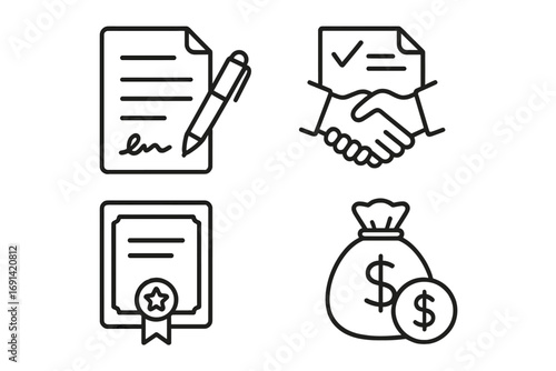 Business finance linear icon set. Contract signing, agreement handshake, deal partnership success. Certificate award and money bag for profit, investment or loan concept.
