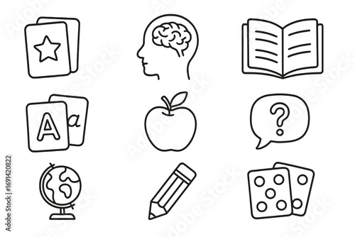 Education and learning outline icon set. Vector symbols for school, knowledge, study, and teaching. Includes flash cards, brain, book, apple, globe, pencil, and dice. Editable stroke.