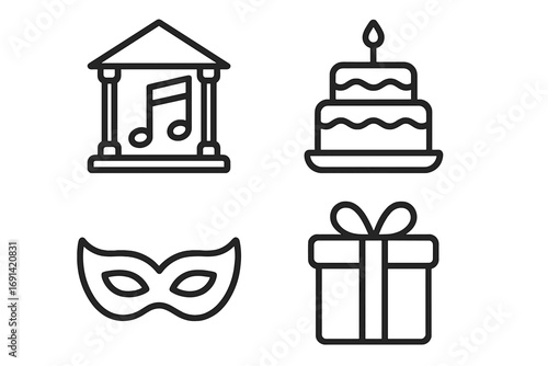 Party and celebration outline icon set. Music hall, birthday cake, masquerade mask, and gift box symbols. Linear vector icons for events, arts, carnival, and holidays.