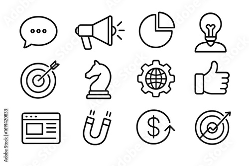 Business and marketing line icon set. Vector symbols for strategy, communication, digital media, sales growth, targeting, SEO, finance and analysis. Outline icons for web.