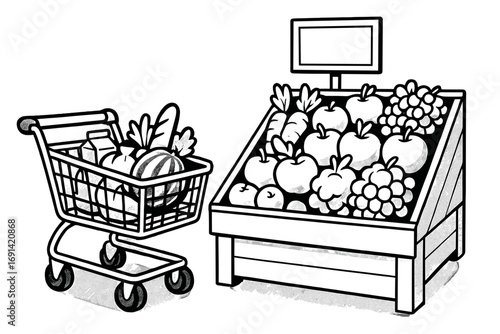 Grocery shopping scene with full cart and fresh produce display. Supermarket aisle with fruit and vegetables. Healthy food retail concept. Monochrome vector cartoon illustration.