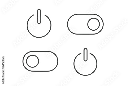On off switch line icon collection. Power button and toggle slider symbol for UI UX design. Vector outline signs for web, app interface, start, stop, and power control.