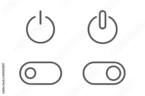 Power on off button and toggle switch line icon set. Vector outline signs for web and graphic design. Start, stop, and standby symbols for user interface (UI) and apps.