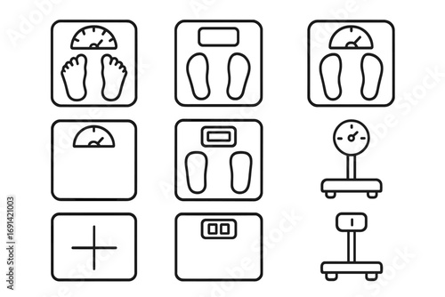 Floor scale line icon set for body weight measurement. Health, diet, and fitness concept. Vector pictogram collection of bathroom scales with editable stroke. Weight loss symbol.