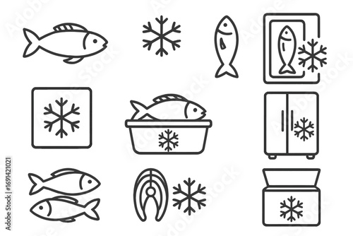 Pack of Frozen Fish Line Icons, Outline Symbols for Seafood, Fish Storage, Freezing, Refrigeration, Refrigerator, Ice Container, Fish Fillet, Cold Storage, Vector Cartoon Illustration