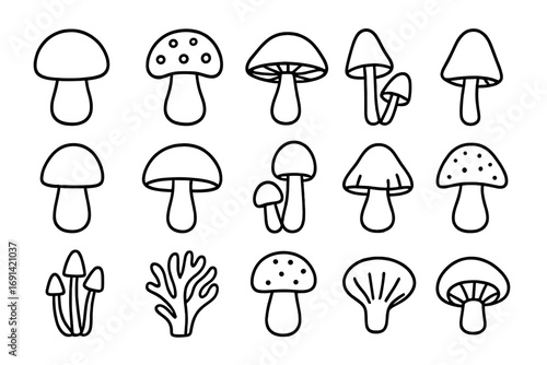 Mushroom line icon set. Fungi outline symbols. Vector fungus, toadstool, champignon signs. For web design, apps, ads. Simple nature, food, forest cartoon illustration.