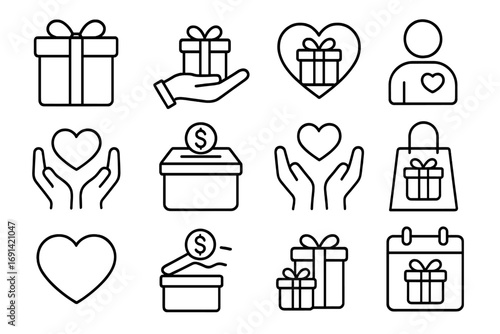 Gift and Charity Icons Pack, Holiday Celebration and Business Present Line Symbols, Outline Design for Graphic and Web Projects, Apps, Advertising, Greeting Cards, Vector Set