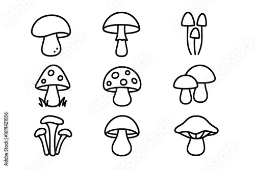 Mushroom line icon set. Fungi outline collection. Simple toadstool, amanita, chanterelle symbols for web design, apps, logo. Minimalist nature, forest elements vector.