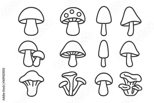 Mushroom line icon set. Fungi collection of various types like champignon, amanita, porcini, and chanterelle. Simple outline vector signs for web design, apps, and graphics.