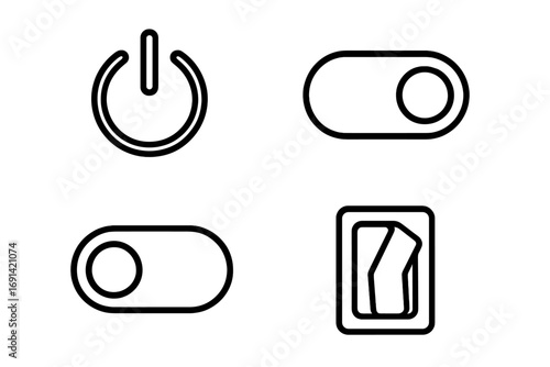 On off switch line icon set. Power button symbol, toggle slider, and light switch outline icons for web design, apps, and UI UX graphic interface elements. Vector pack.